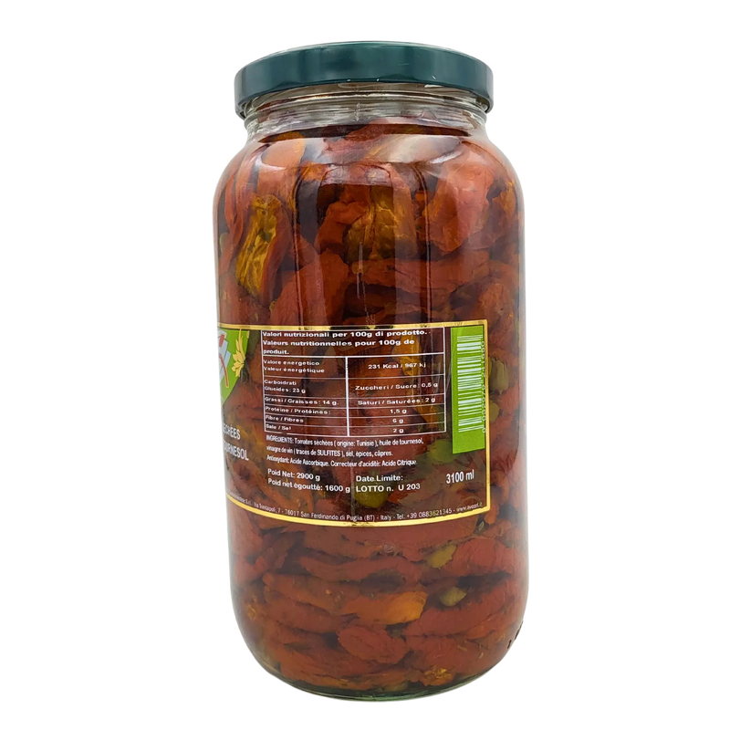 Vue latérale avec la description et les informations nutritionnelles des tomates séchées en huile de tournesol, pot de 3 kg Antica Valle d'Ofanto.