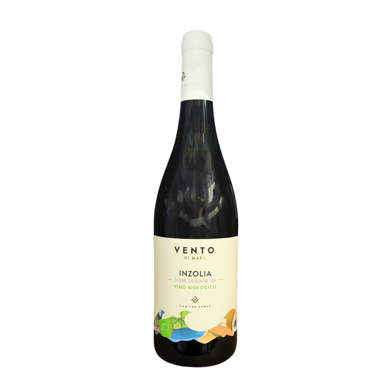 Bouteille de vin blanc Vento di Mare Inzolia Terre Siciliane IGP, 75cl, avec étiquette colorée.