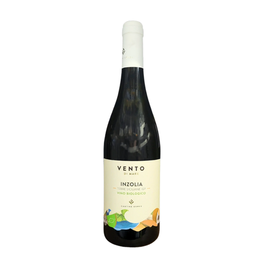 Bouteille de vin blanc Vento di Mare Inzolia Terre Siciliane IGP, 75cl, avec étiquette colorée.