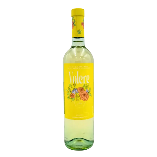 Bouteille de vin blanc Garganega Veneto Volere 75cl, légèrement pétillant avec étiquette florale colorée.