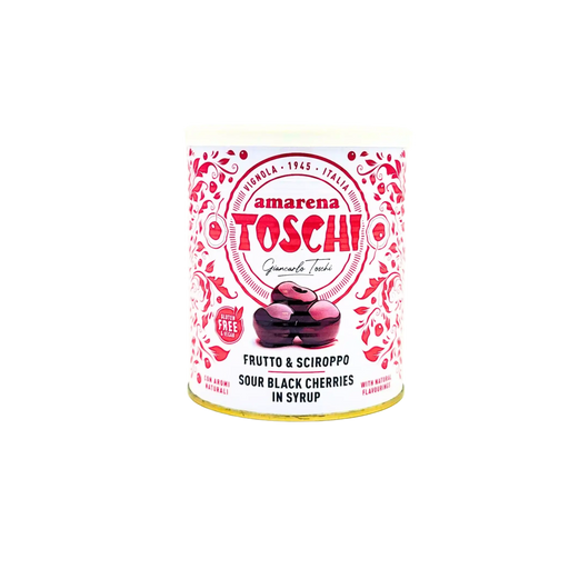 Boîte d'Amarena Toschi cerises noires en sirop, un délice sucré italien, 1kg, sans gluten.
