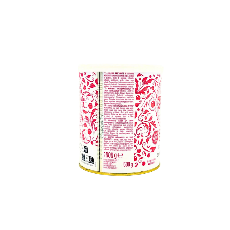 Amarena Toschi Cerises au Sirop 1kg avec étiquette colorée et informations nutritionnelles.