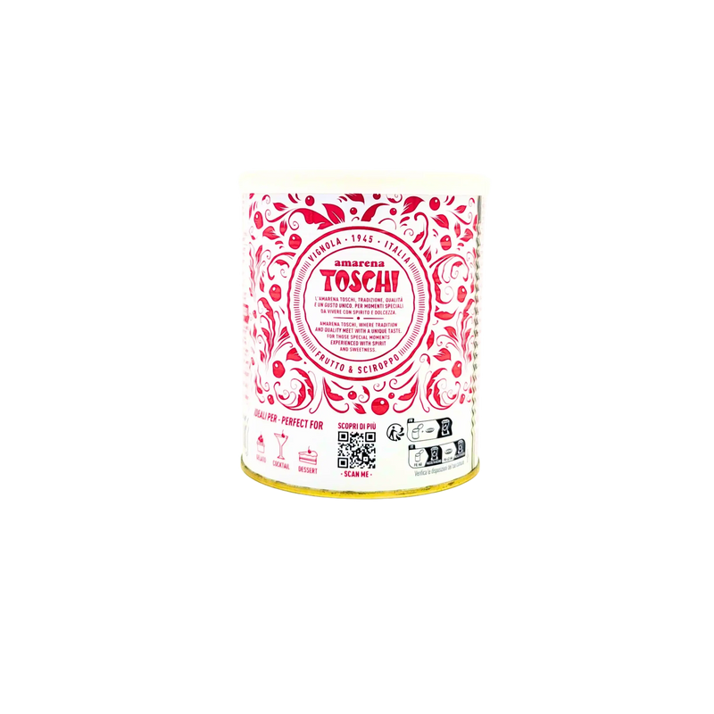 Amarena Toschi cerises au sirop, boîte de 1 kg, décoration colorée et label authentique.