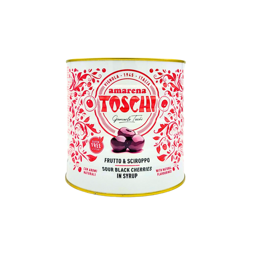 Boîte de cerises Amarena Toschi au sirop, format familial 2,7 kg, idéale pour les desserts gourmands.