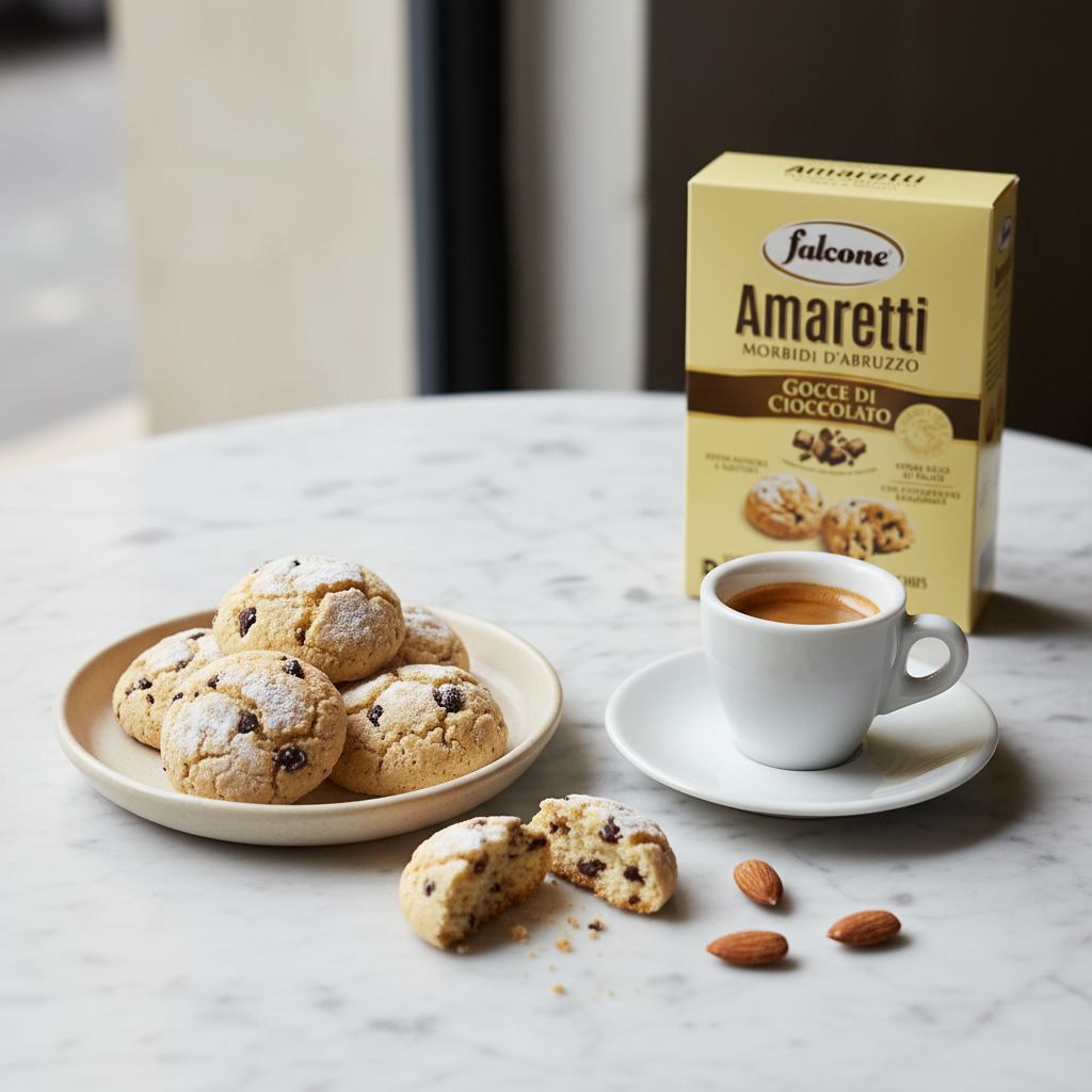 Amaretti chocolat – Falcone recette d’Abruzzo (170g) – mise en scène générée par IA à partir de la photo du produit