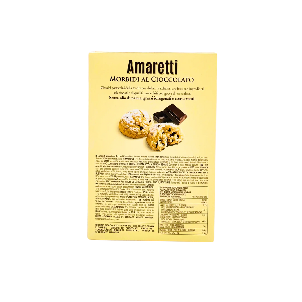 Rückverpackung der Amaretti Falcone Schokolade mit Bild der Kekse und Produktinformationen.