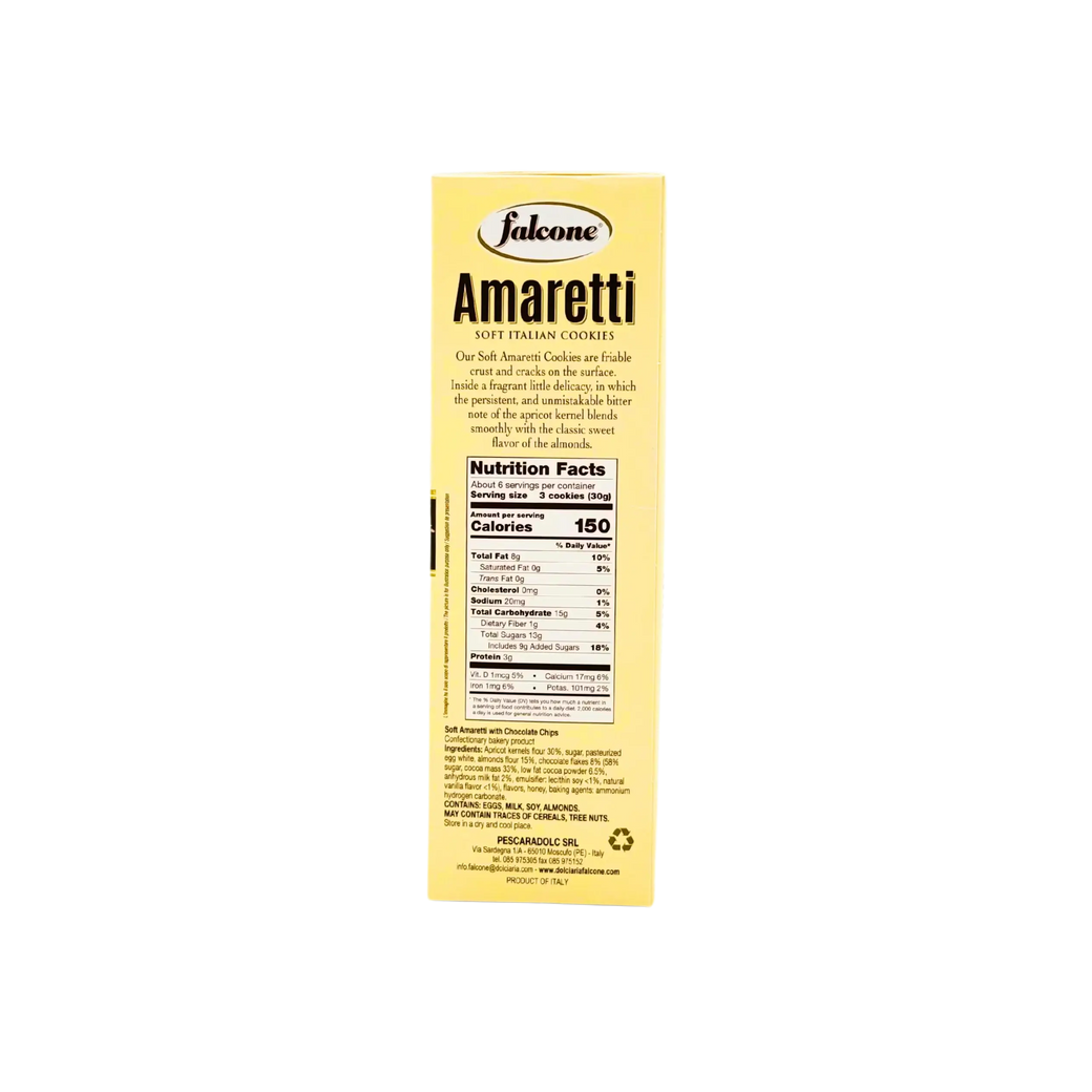 Rückseite der Amaretti Falcone Packung, Nährwertinformationen zur Schokolade und traditionelle Präsentation.
