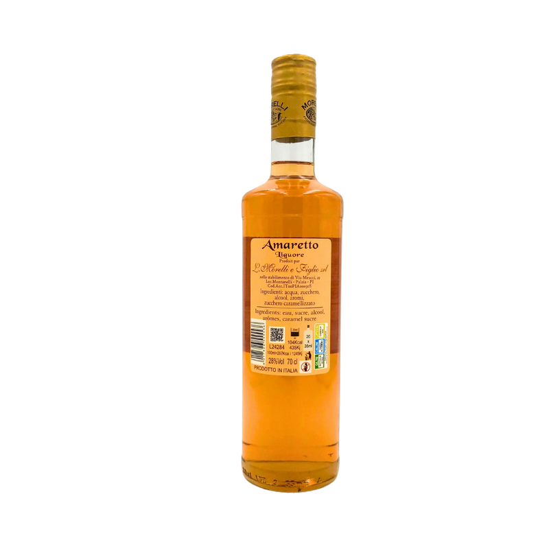 Vue arrière de la bouteille d'Amaretto della Torre Morelli, 70 cl, avec les informations de composition et le code-barres visibles.