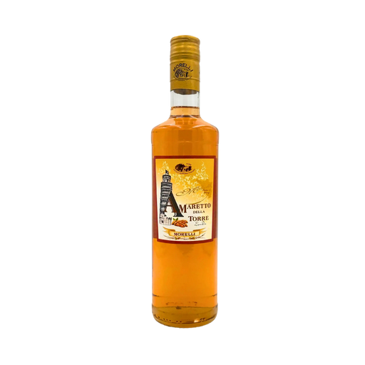 Vue avant de la bouteille d'Amaretto della Torre Morelli, 70 cl, avec une étiquette élégante et une teinte ambrée.