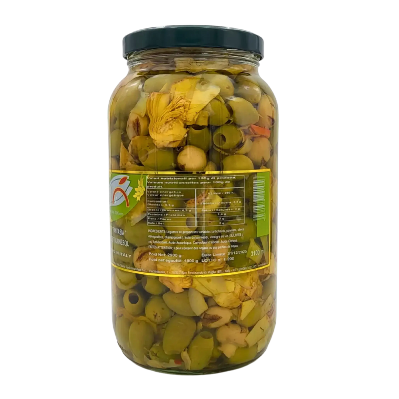 Valeurs nutritionnelles et ingrédients de l’Apéritif Fantasia Antica Valle d’Ofanto – olives, artichauts, poivrons en bocal 2,9kg