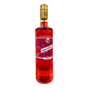 Face avant d’une bouteille d’apéritif italien Aperitivo Toscana Rosato 700ml de la marque Morelli, boisson rouge avec bouchon doré, étiquette indiquant "Prodotto in Italia" et l’année 1911.