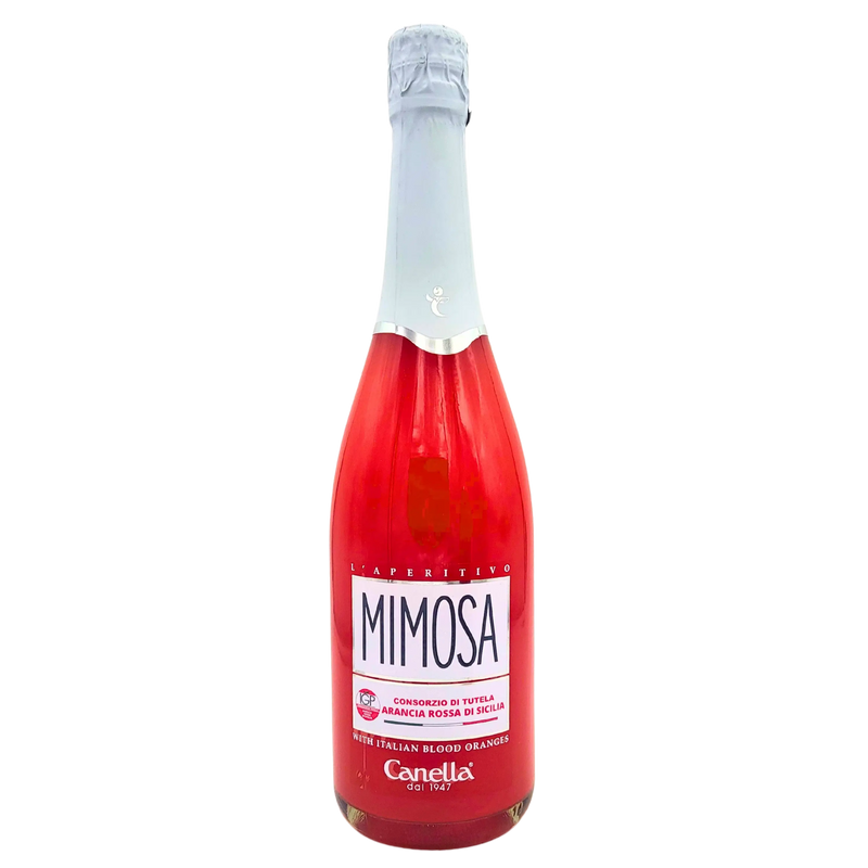 Bouteille de l'Aperitivo Mimosa Canella 75cl - vue avant, avec le logo et la mention des oranges sanguines de Sicile.