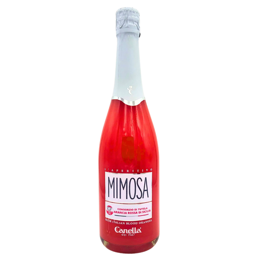 Bouteille de l'Aperitivo Mimosa Canella 75cl - vue avant, avec le logo et la mention des oranges sanguines de Sicile.