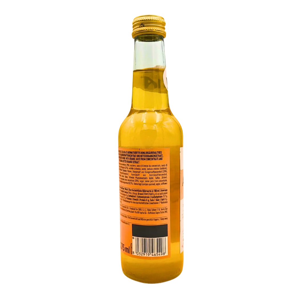 Detaillierte Zusammensetzung des Getränks Aranciata Amara Lurisia 275 ml, Rücketikett mit Zutaten.