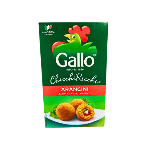 Emballage avant des Arancini Gallo Chicchiricchi avec illustration d'arancinis dorés et croustillants prêts à déguster.