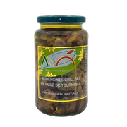 Pot de 550 g d’aubergines grillées en huile de tournesol, produit par Antica Valle d'Ofanto, avec des morceaux d'aubergines marinées et des épices visibles.