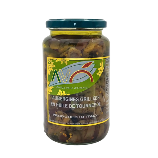 Pot de 550 g d’aubergines grillées en huile de tournesol, produit par Antica Valle d'Ofanto, avec des morceaux d'aubergines marinées et des épices visibles.