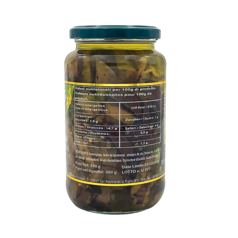 Vue arrière du pot de 550 g d’aubergines grillées en huile de tournesol, avec les informations nutritionnelles et la liste des ingrédients affichées sur l'étiquette.