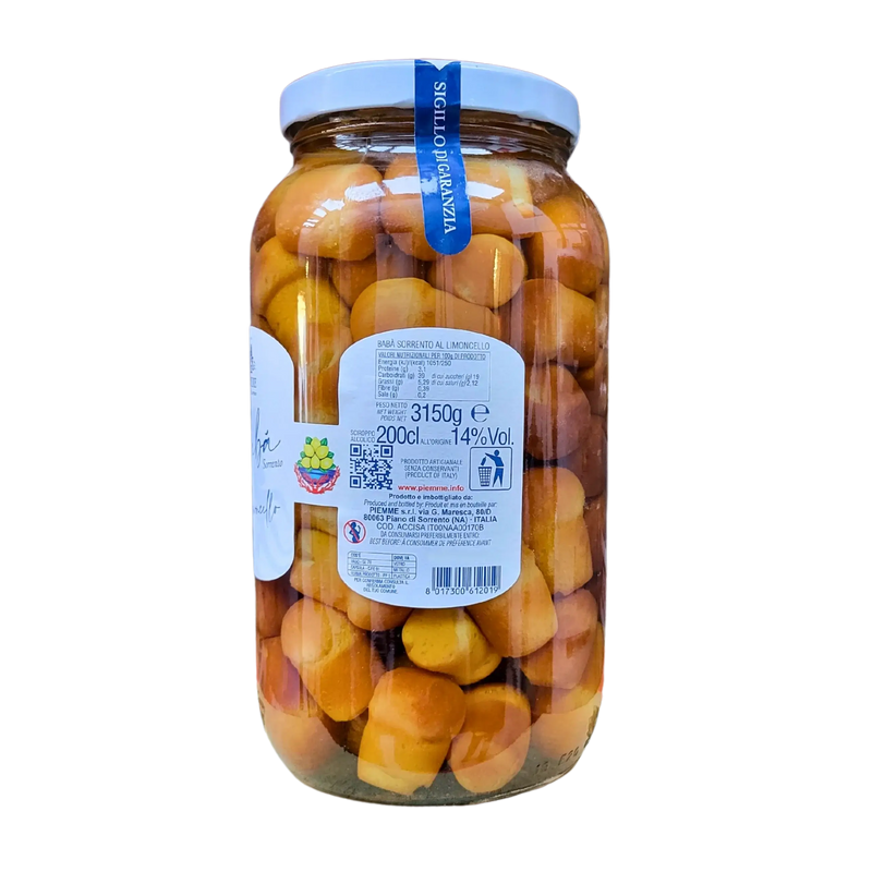 Vue arrière d'un bocal de Babà au Limoncello italien avec étiquette nutritionnelle et informations détaillées sur les valeurs énergétiques et ingrédients.