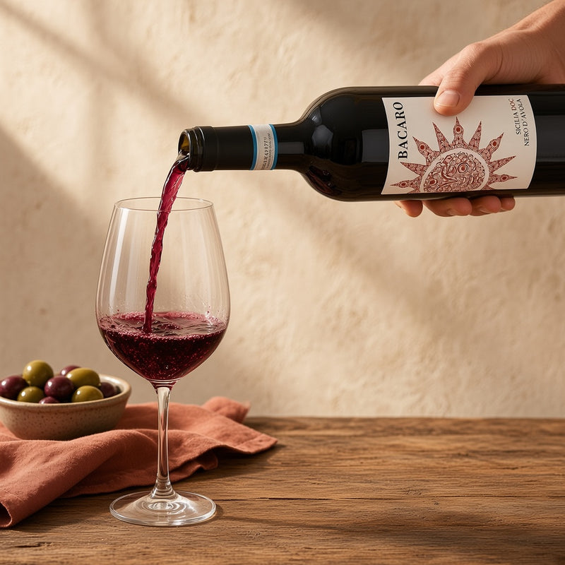 Bacaro Nero d'Avola versé dans un verre — dégustation sicilienne EasyGusto
