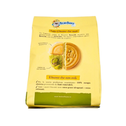 Informations sur le paquet de 240g de biscuits Baiocchi Pistacchio de Mulino Bianco, avec crème de pistache, détails de la pâte et production à énergie 100 % renouvelable.