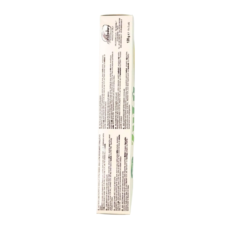 Ingrédients et valeurs nutritionnelles des Bastoncini di Mais Zulù, Valledoro, snack sans gluten, paquet de 120g.