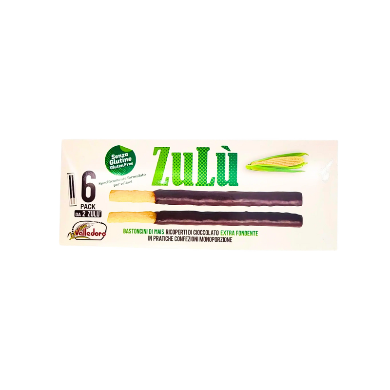 Snack italien Bastoncini di Mais Zulù, Valledoro, sans gluten, 120g, avec maïs et chocolat noir, idéal pour une pause gourmande.
