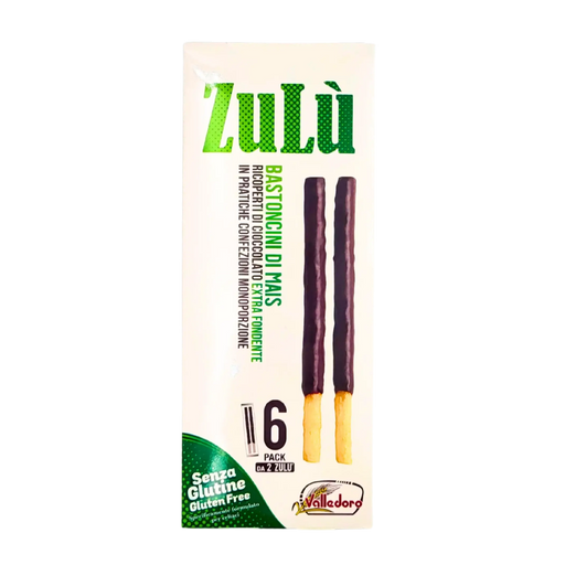Bastoncini di Mais Zulù, Valledoro, sans gluten, 120g, enrobés de chocolat noir, collation italienne croquante.