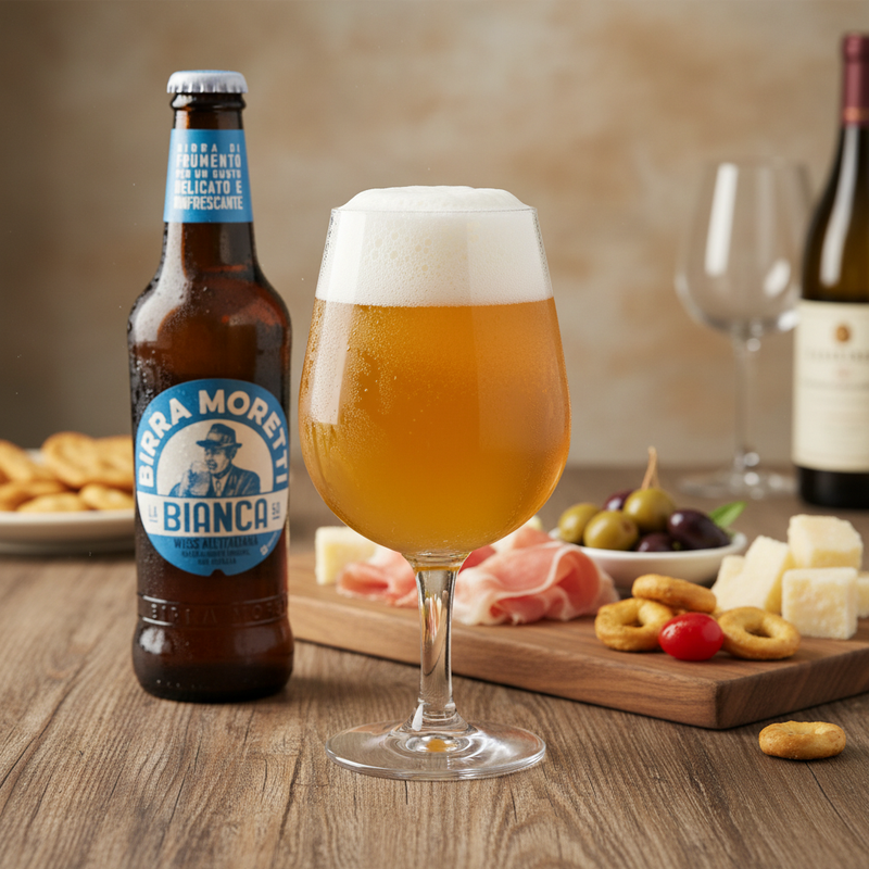 Bière Blanche Italienne Birra Moretti – La Bianca (33 cl) — en situation
