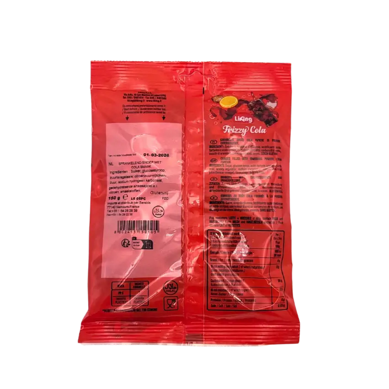 Vue arrière du sachet de bonbons pétillants Liking Frizzy Cola 150g avec informations nutritionnelles et ingrédients