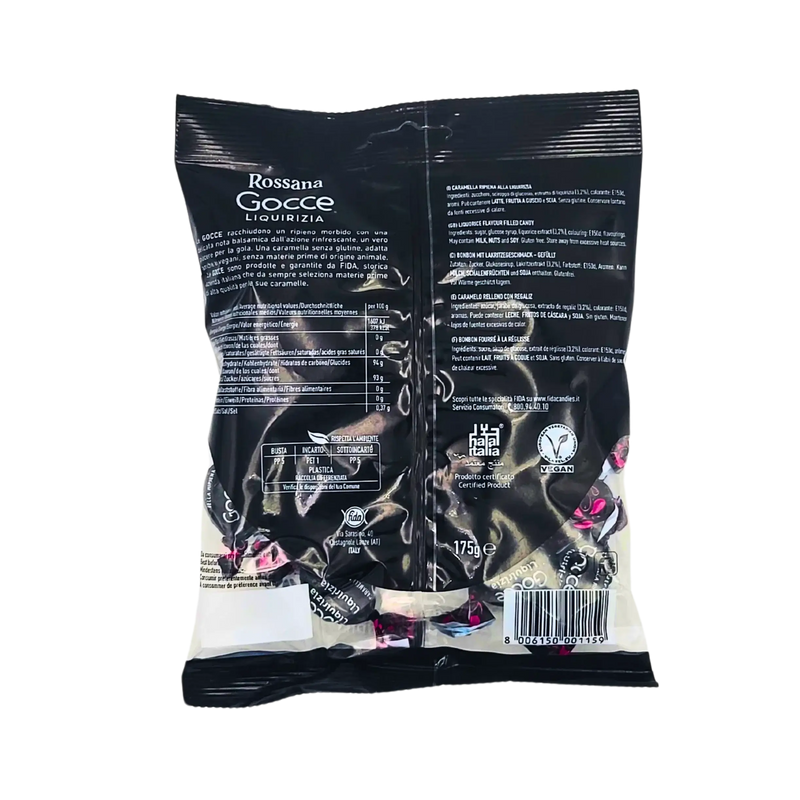 Image de la face arrière de l'emballage des bonbons Rossana Gocce à la réglisse, 175g, affichant les informations nutritionnelles et les détails du produit.