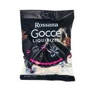 Image de la face avant de l'emballage des bonbons Rossana Gocce à la réglisse, 175g, avec le logo Vegan et des illustrations de réglisse.