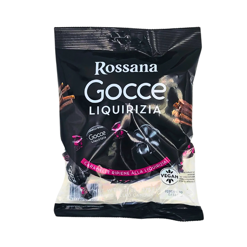 Image de la face avant de l'emballage des bonbons Rossana Gocce à la réglisse, 175g, avec le logo Vegan et des illustrations de réglisse.