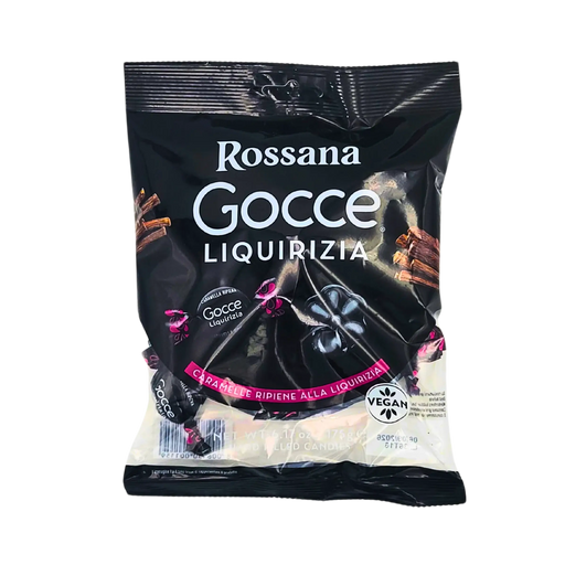 Image de la face avant de l'emballage des bonbons Rossana Gocce à la réglisse, 175g, avec le logo Vegan et des illustrations de réglisse.