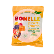 Emballage avant des bonbons Bonelle Frutti Assortiti, vegan, sans gélatine animale, au goût de fruits, en sachet de 150 g.
