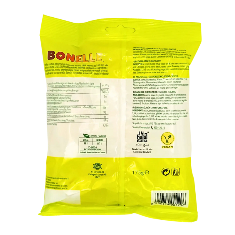 Emballage des bonbons **Bonelle Citron Gingembre**, 175g, friandises végétaliennes et sans gluten, avec un design jaune vif.