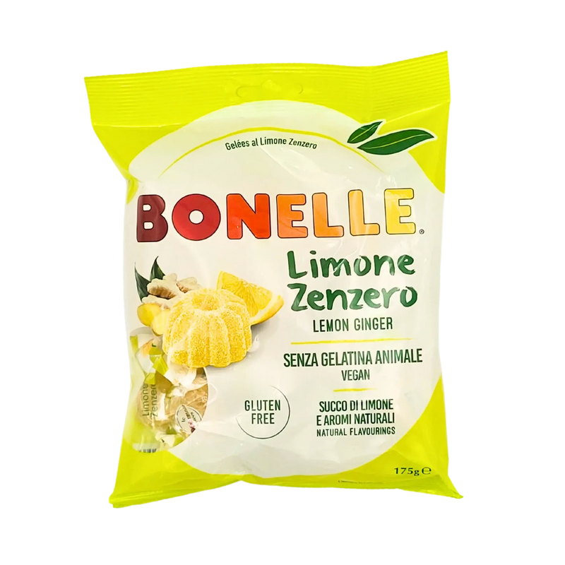 Bonbon Citron Gingembre Bonelle Vegan 175g Sans Gluten avec un emballage coloré et attrayant.