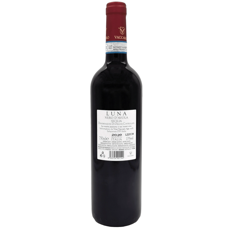 Bouteille de vin rouge Luna d'Avola 75cl, étiquette blanche avec classique design italien.