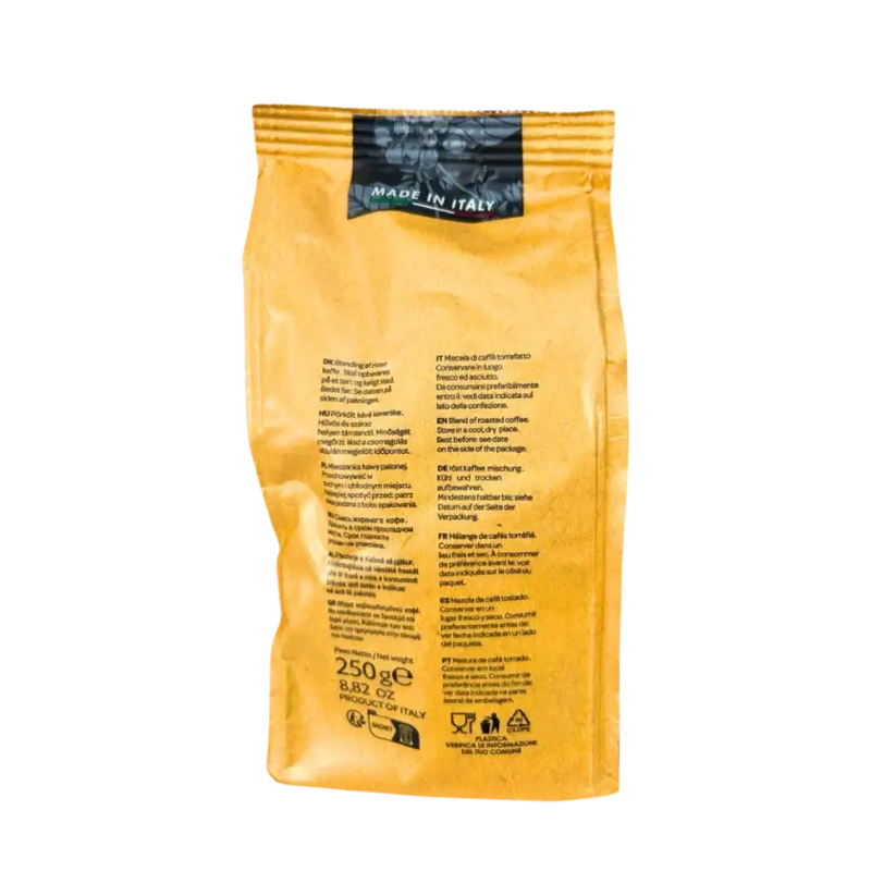 Dos du sachet de café moulu italien Miscela Bar Cafemoka 250g, avec les conseils de conservation, les mentions “Made in Italy” et les informations multilingues sur ce café moka torréfié.