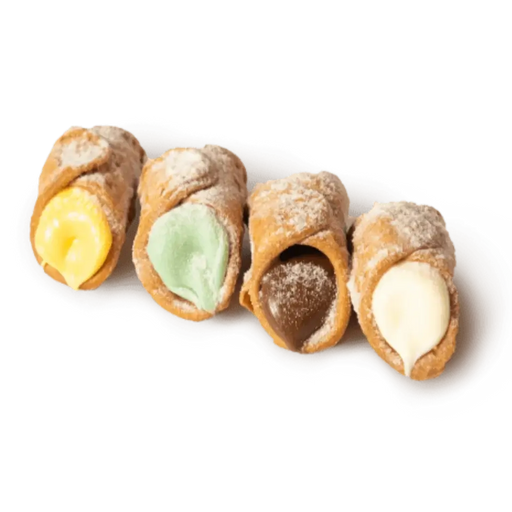 Sortiment von sizilianischen Cannoli mit Schokolade von D'Addezio, das verschiedene cremige Füllungen präsentiert, einschließlich des Hauptschlüsselworts Cannoli Schokolade.
