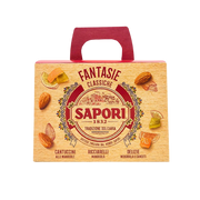 Face avant de la boîte cadeau classique Sapori, assortiment cantuccini, ricciarelli et délices aux amandes et fruits confits, 381g.