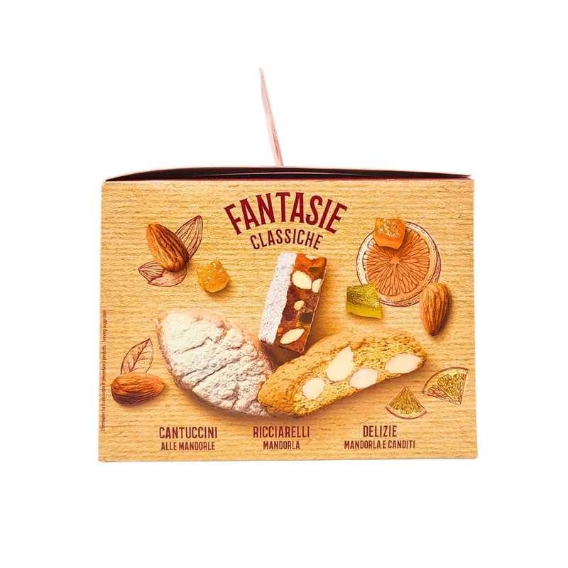 Face latérale de la boîte cadeau classique Sapori, mettant en avant les biscuits traditionnels italiens.