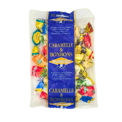 Face avant du sachet de bonbons assortis Caramelle & Bonbons Mangini 150g, emballage bleu et transparent.