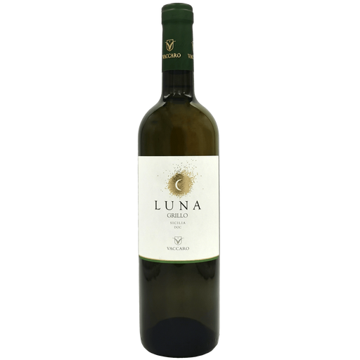Bouteille de vin blanc Luna Grillo Sicilia DOC 75cl de Vaccaro, avec étiquette élégante et couleur claire.