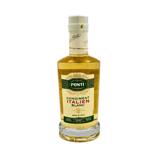 Face avant de la bouteille de condiment italien blanc Ponti 250ml, au design doré élégant, idéal pour assaisonner délicatement salades, poissons ou légumes.