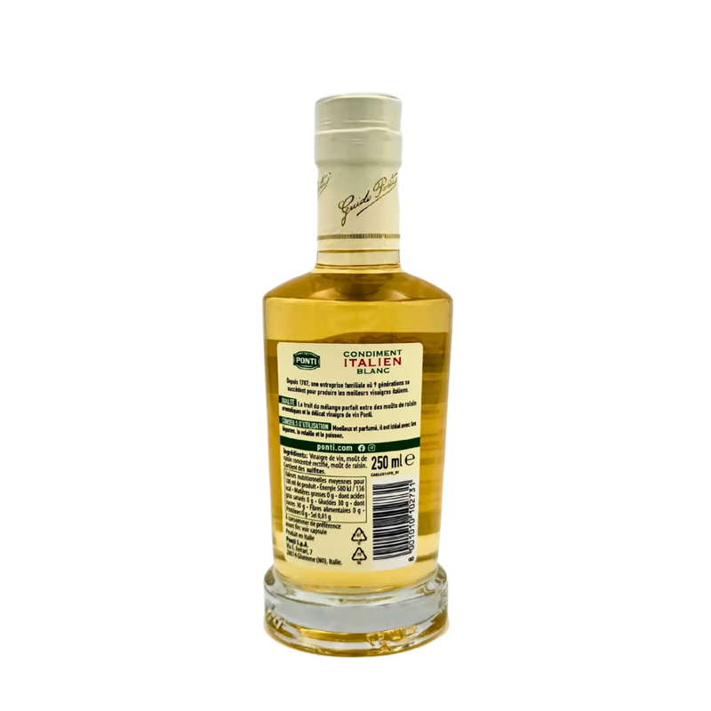 Dos de la bouteille de condiment italien blanc Ponti 250ml, avec texte descriptif, liste des ingrédients, informations nutritionnelles et coordonnées du fabricant.
