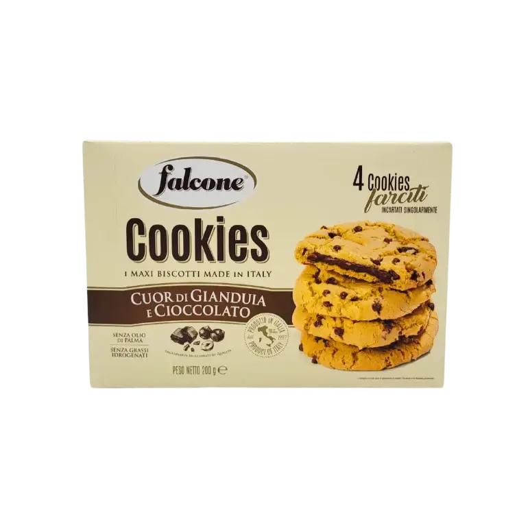 Cookies Falcone 200g face avant – biscuits italiens fourrés gianduia et chocolat avec noisettes