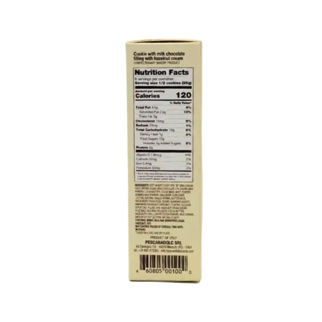 Tableau nutritionnel des cookies Falcone gianduia 200g – valeurs pour 1 et 2 biscuits