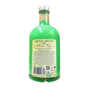 Vue arrière de la bouteille de Crema di Menta Morelli, 50cl, avec étiquette indiquant les ingrédients, les informations nutritionnelles et le taux d'alcool de 17%.
