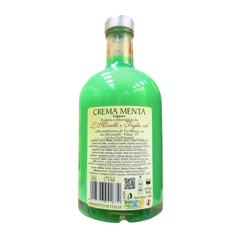 Vue arrière de la bouteille de Crema di Menta Morelli, 50cl, avec étiquette indiquant les ingrédients, les informations nutritionnelles et le taux d'alcool de 17%.